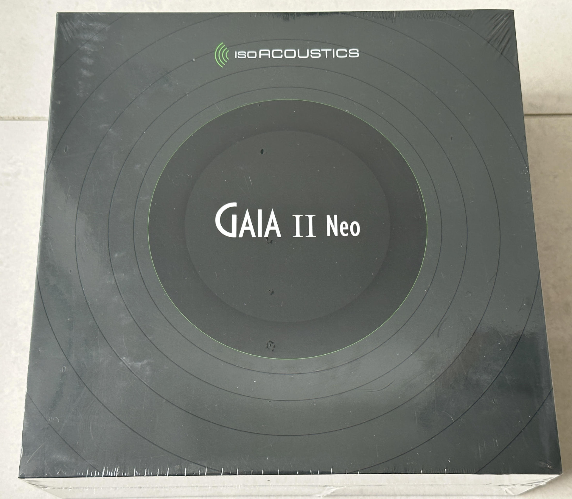 Factory-sealed IsoAcoustics GAIA II Neo retail box photographed from the front